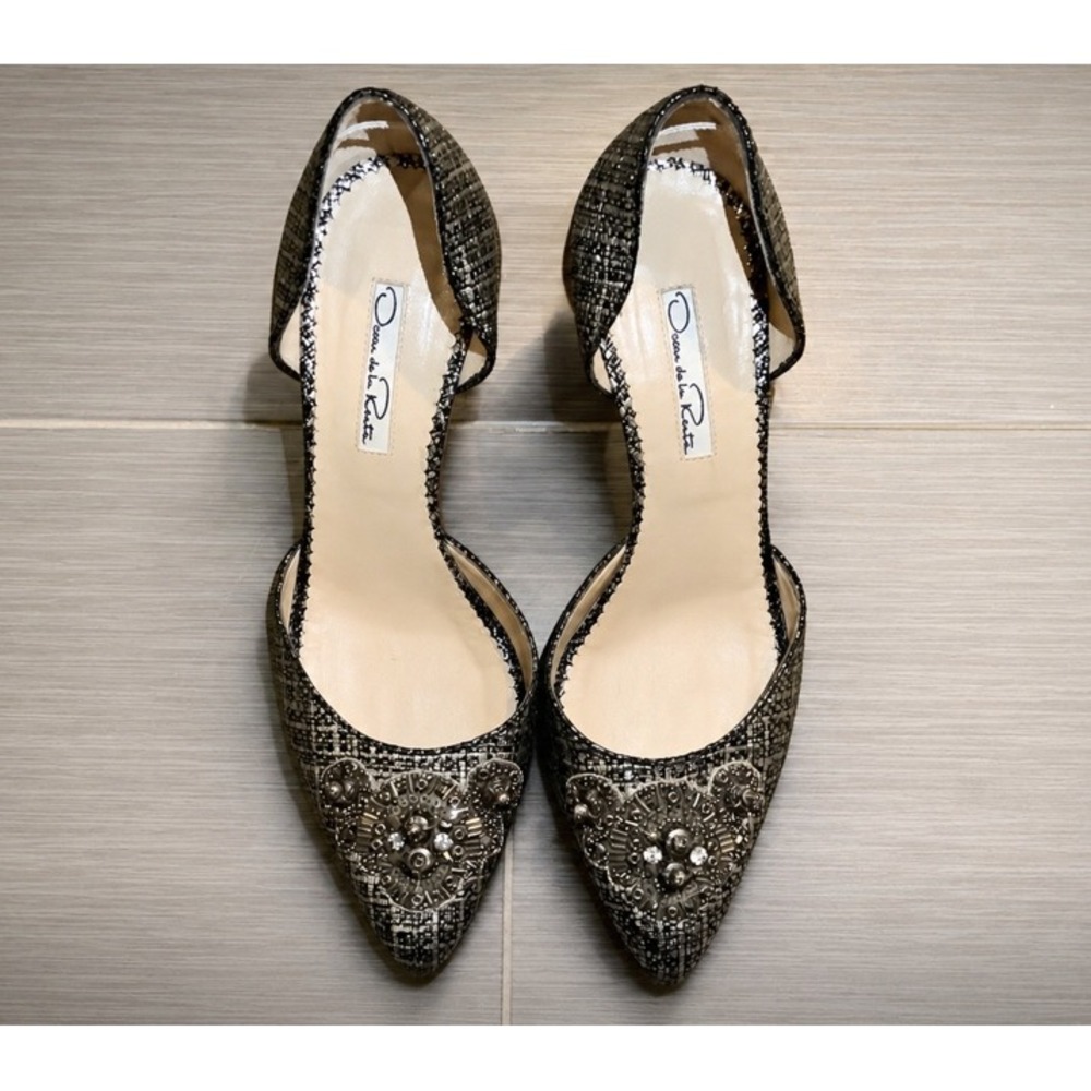 Oscar de la Renta Silver Black Metallic Beaded d'Orsay Pumps Heels Size 38 Italy